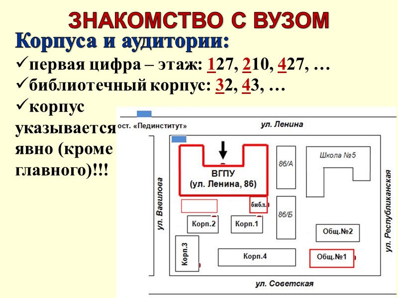 ЗНАКОМСТВО С ВУЗОМ Корпуса и аудитории:  первая цифра – этаж: 127, 210, 427,